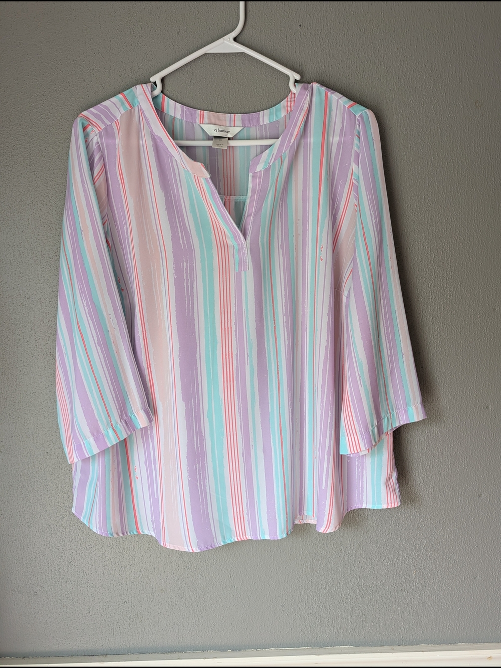 CJ Banks Pastel Striped Split-Neck Tunic in Lavender, Mint & Pink 1x